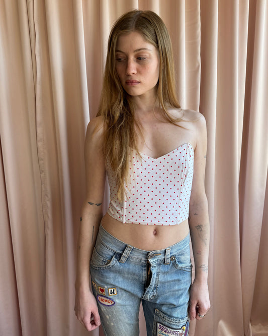 1980's Mariposa White & Red Polka Dot Boned Cotton Bustier Top