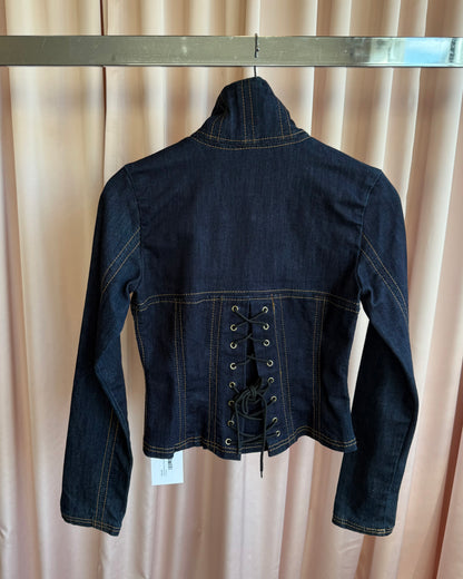 Japanese Brand Corset Lace Up Back Dark Wash Blue Denim Jacket