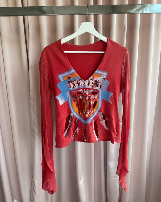 Italian Brand Orange Graphic Print Cut Out Bell Sleeve Top