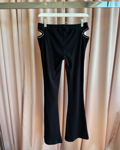 Black Rhinestone Hip Cut Out Low Rise Flare Cotton Pants