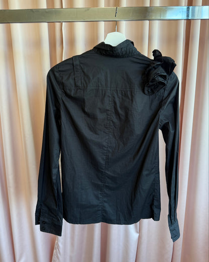 French Brand Black Rosette Shoulder Cotton Dress Shirt
