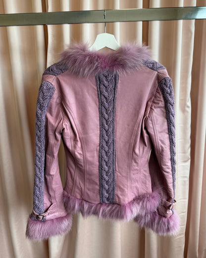 Purple Fox Fur Trim Cable Knit Panelled Sheepskin Leather Jacket