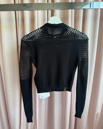 Isa Boulder Black Cropped Lace-Up Crocheted Polo