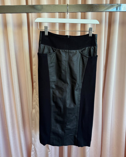 Italian Designer Black Leather Rib Knit Midi Skirt