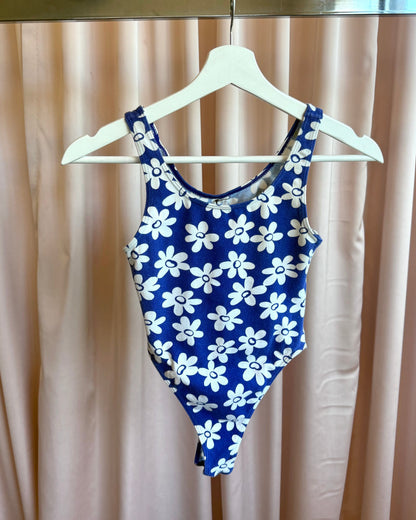 1990's Blue & White Floral Print High Cut Cotton Bodysuit