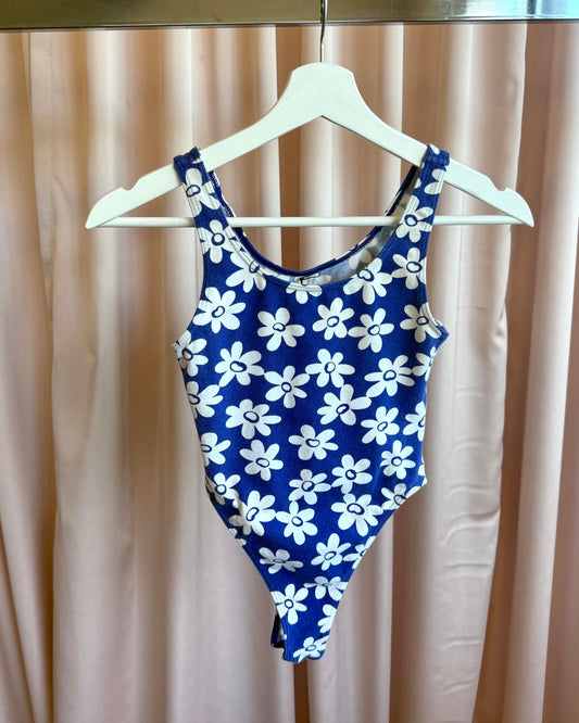 1990's Blue & White Floral Print High Cut Cotton Bodysuit