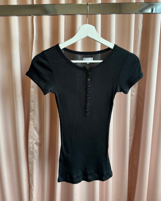 Italian Brand Black Ribbed Short Sleeve Henley Top
