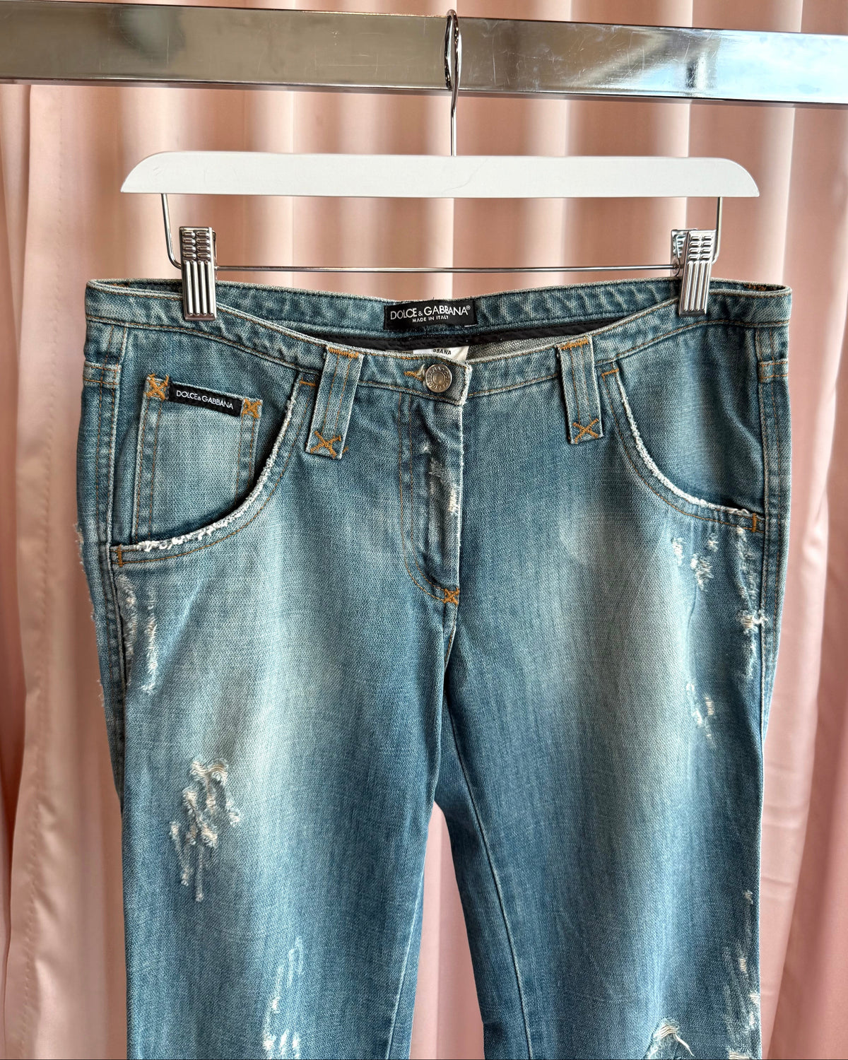 Dolce & Gabbana Ponyhair Patch Distressed Low Rise Flare Denim