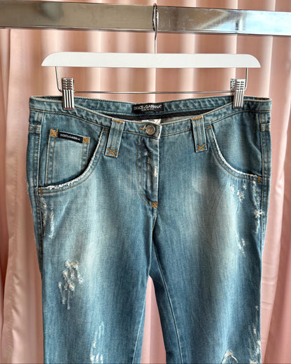 Dolce & Gabbana Ponyhair Patch Distressed Low Rise Flare Denim