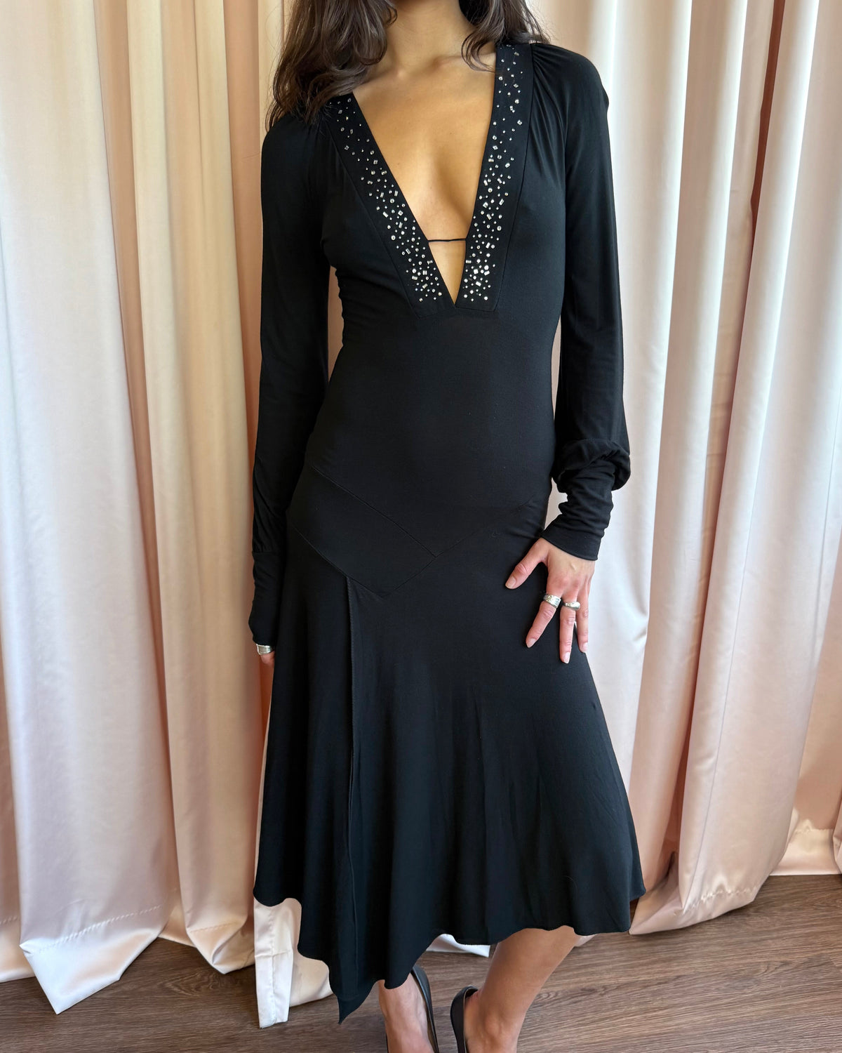 Italian Designer Black Low Cut Rhinestone V-Neck Long Sleeve Dress