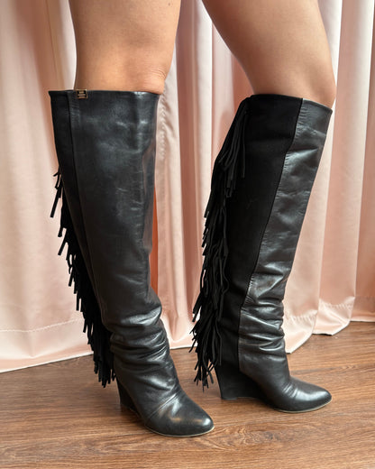 Italian Designer Black Suede & Leather Fringe Boots