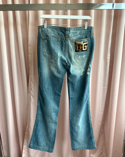 Dolce & Gabbana Ponyhair Patch Distressed Low Rise Flare Denim
