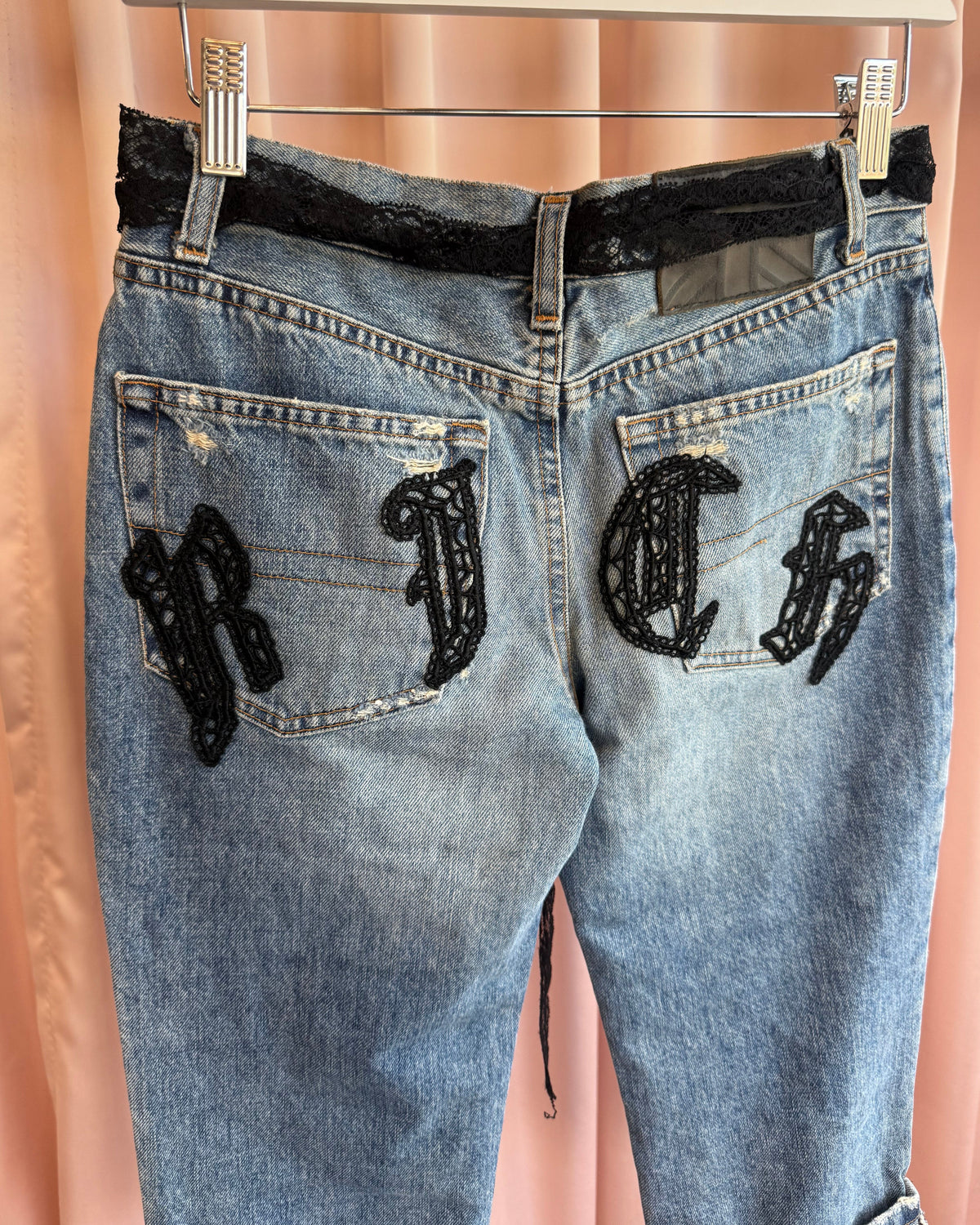 Richmond Black Lace Spell Out Belted Distressed Cropped Denim