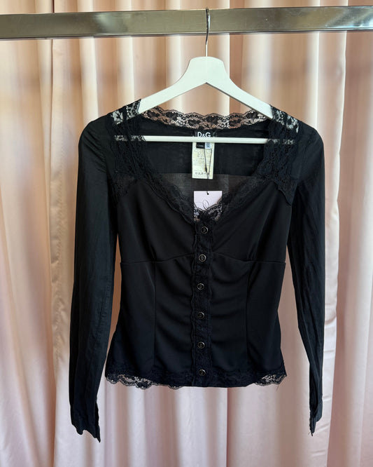 D&G S/S 2006 Black Lace Trim Button Up Long Sleeve Blouse