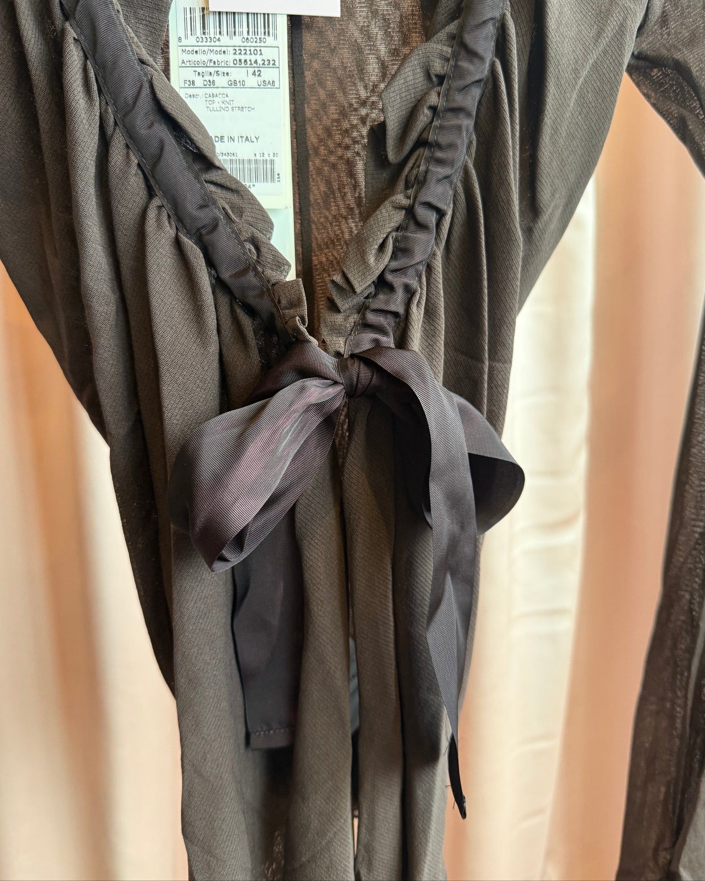 Paola Frani Dark Brown Ruffle Tie Long Sleeve Top