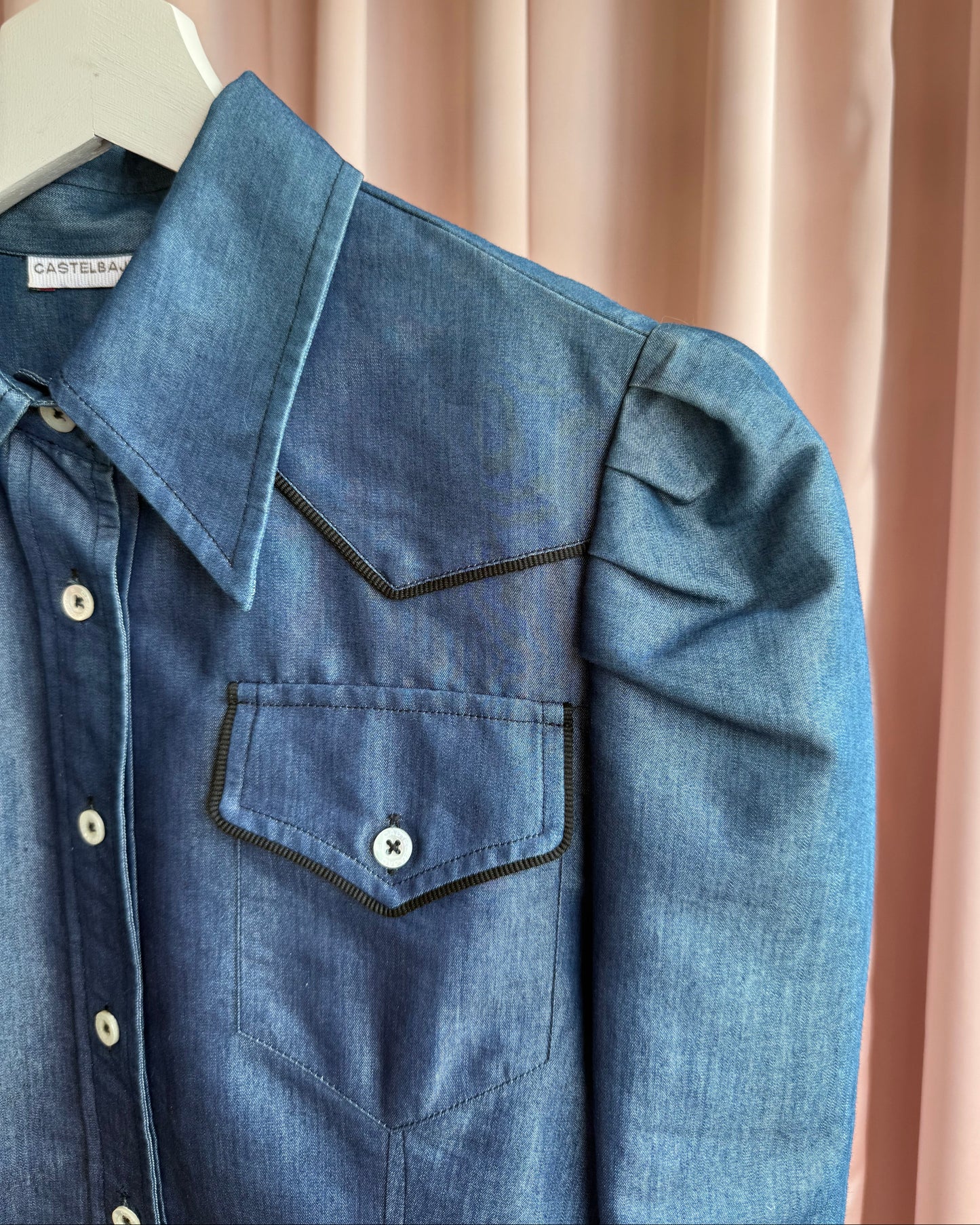 Castelbajac + Western Puff Sleeve Leather Appliqué Denim Shirt