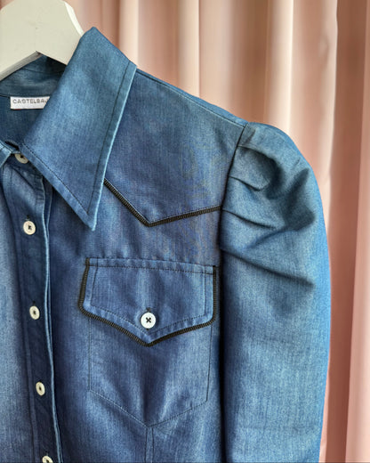 Castelbajac + Western Puff Sleeve Leather Appliqué Denim Shirt
