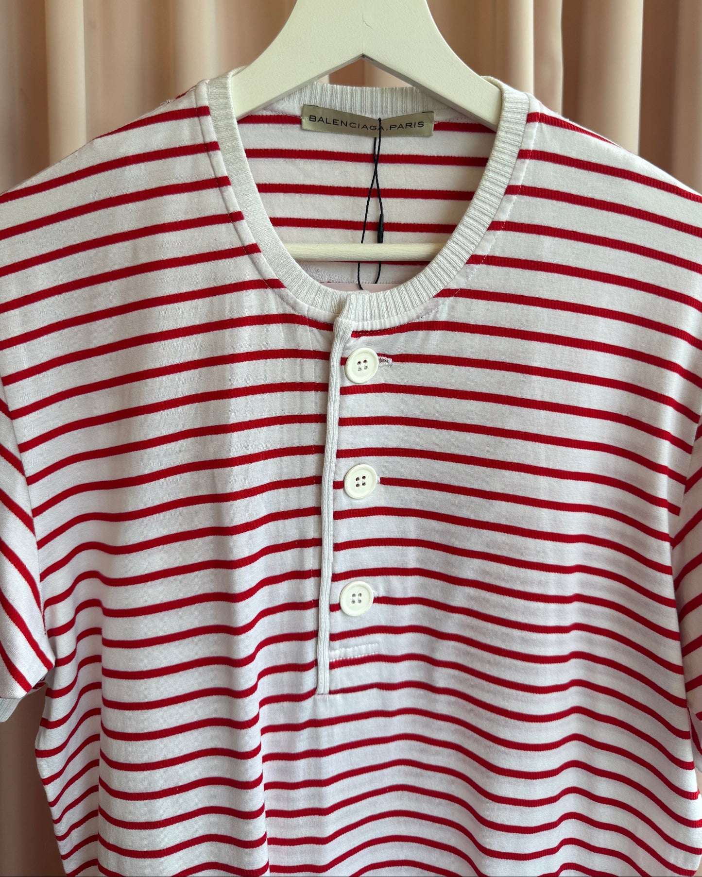 Balenciaga S/S 2006 White & Red Striped Short Sleeve Henley Top