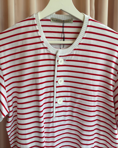 Balenciaga S/S 2006 White & Red Striped Short Sleeve Henley Top