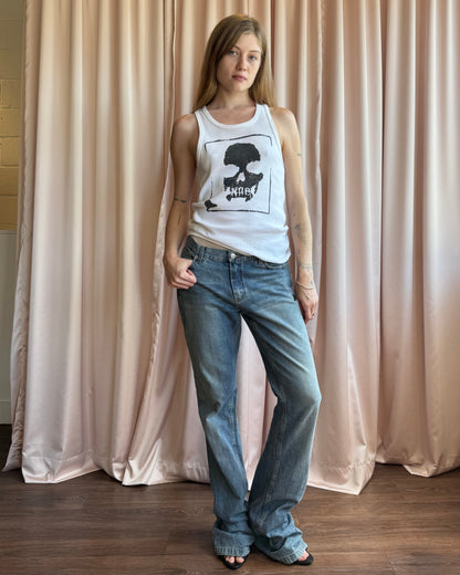 Richmond Denim “RICH” White Spell Out Flare Leg Jeans