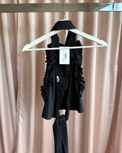 Parisian Brand Black Ruffle Button Up Open Back Halter Top