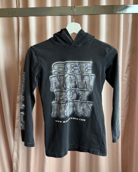 Balenciaga "See Now Buy Now" Faded Black Hooded Long Sleeve T-Shirt (XS)