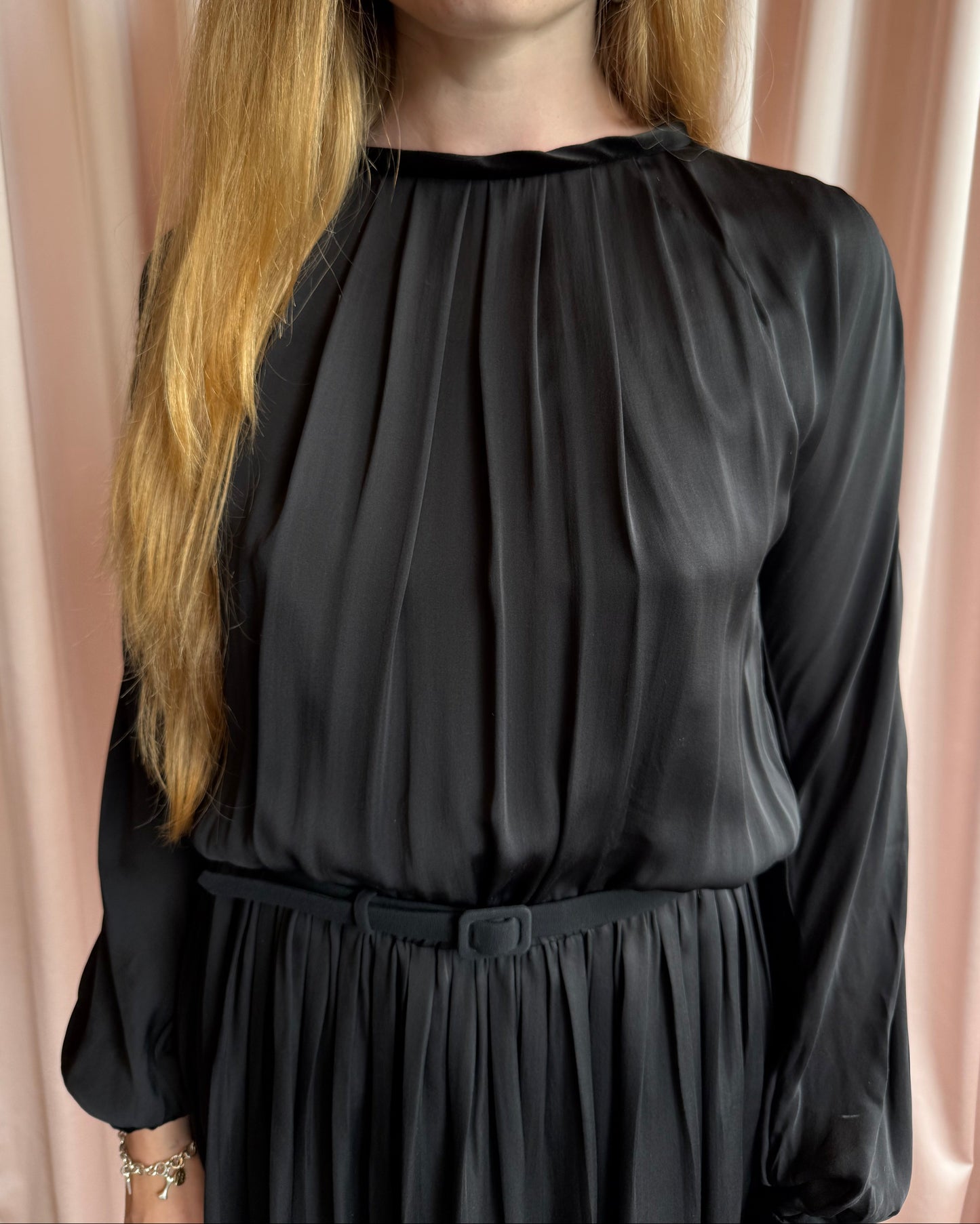 Ungaro Fuschia Black Silk Long Sleeve Belted Midi Dress