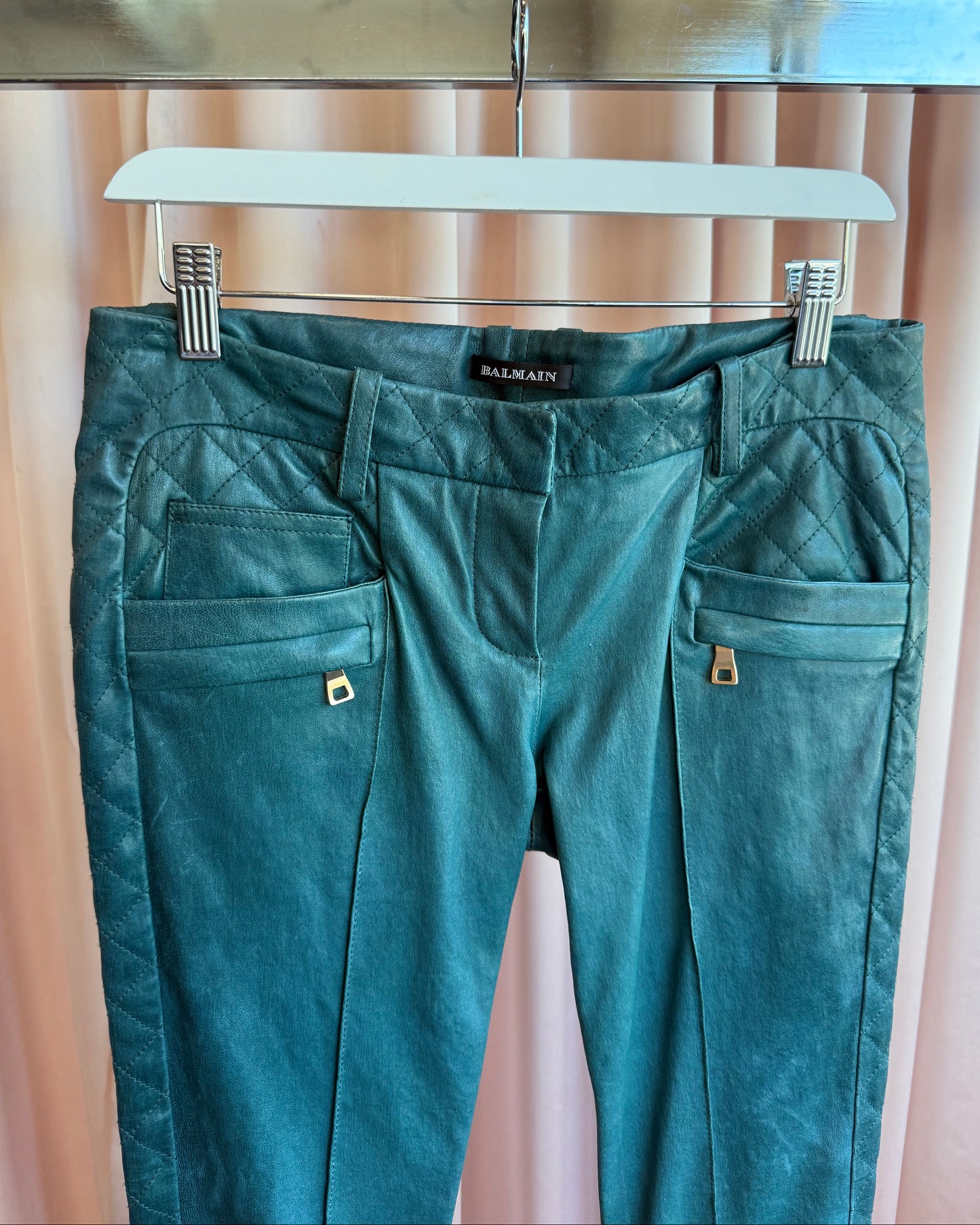 Balmain Viridian Lambskin Leather Low Rise Slim Cut Moto Pants
