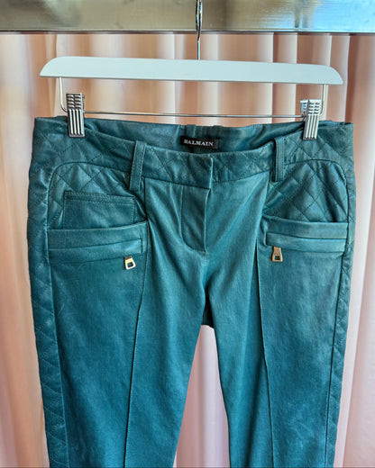 Balmain Viridian Lambskin Leather Low Rise Slim Cut Moto Pants