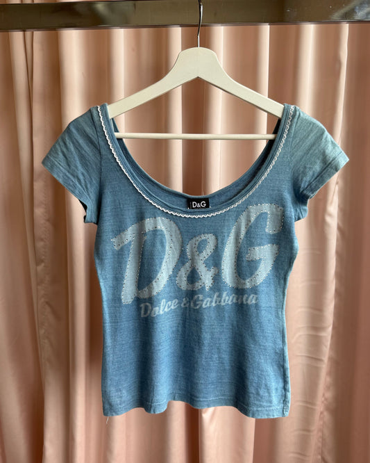 D&G 2000's Blue Rhinestone Logo Short Sleeve Top