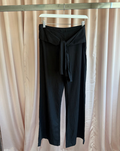 Black Linen Blend Low Rise Wide Leg Tie Waist Pants