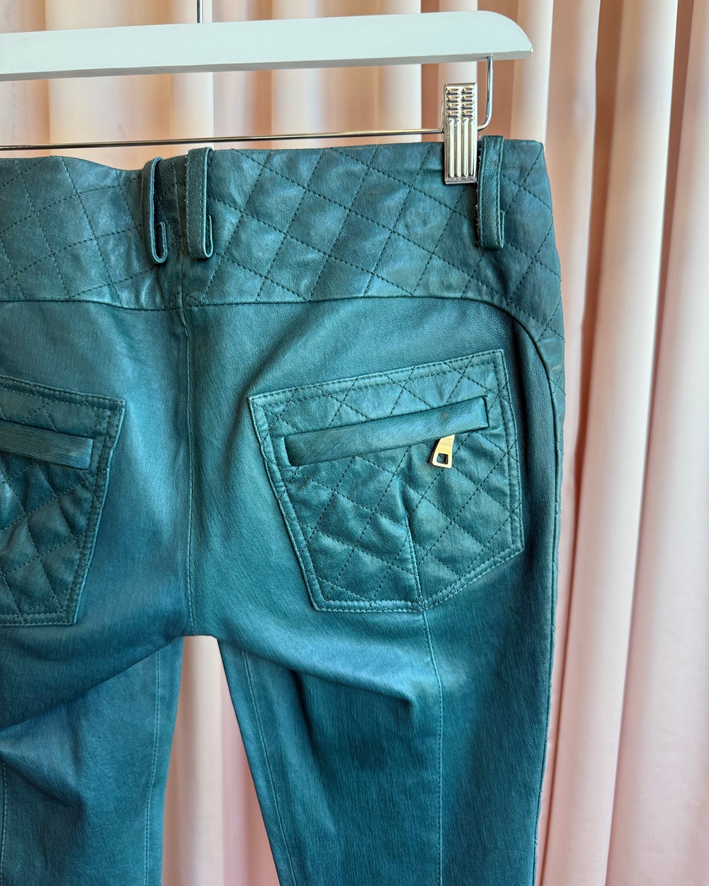 Balmain Viridian Lambskin Leather Low Rise Slim Cut Moto Pants