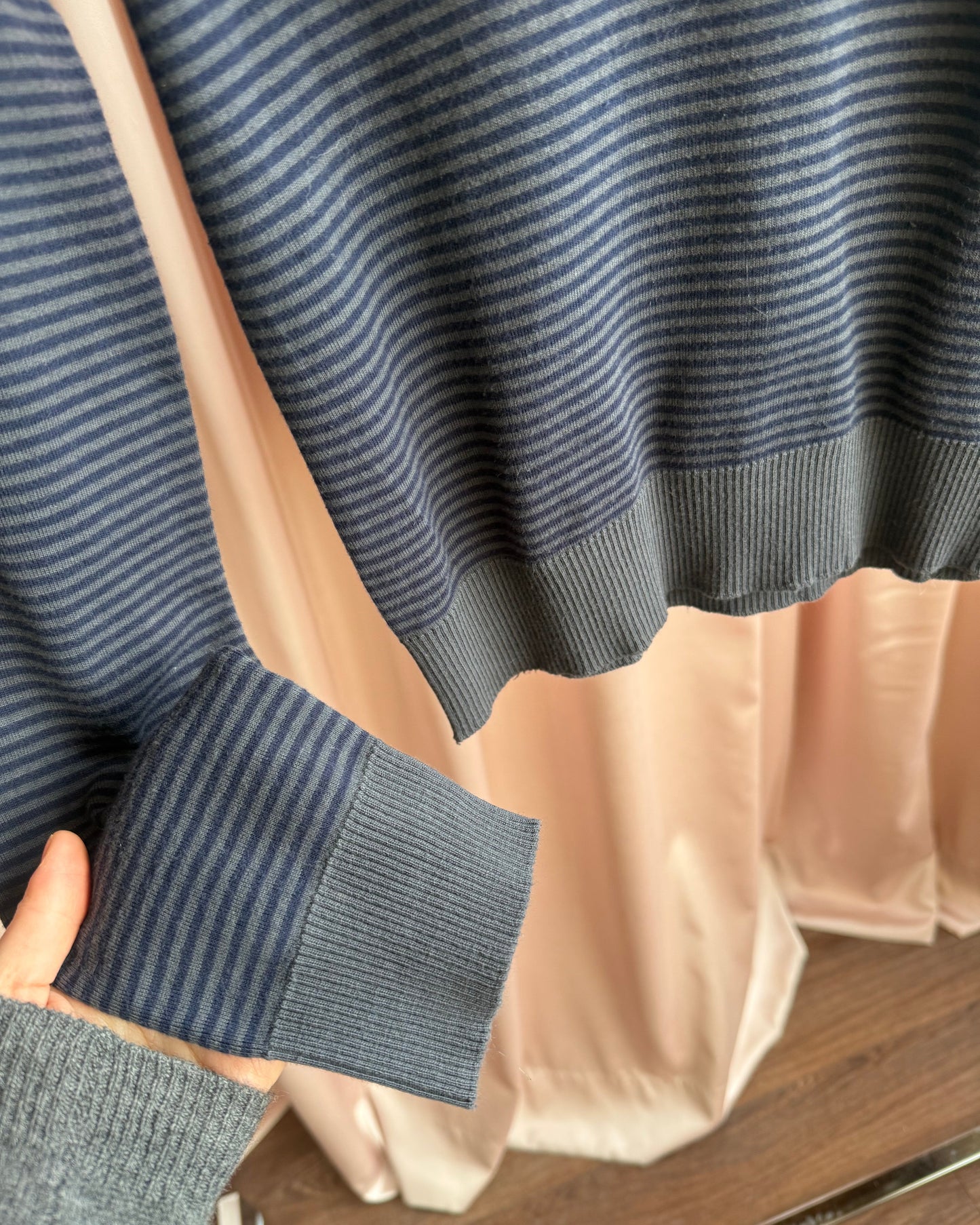 French Brand Grey & Navy Striped V-Panel Long Sleeve Top