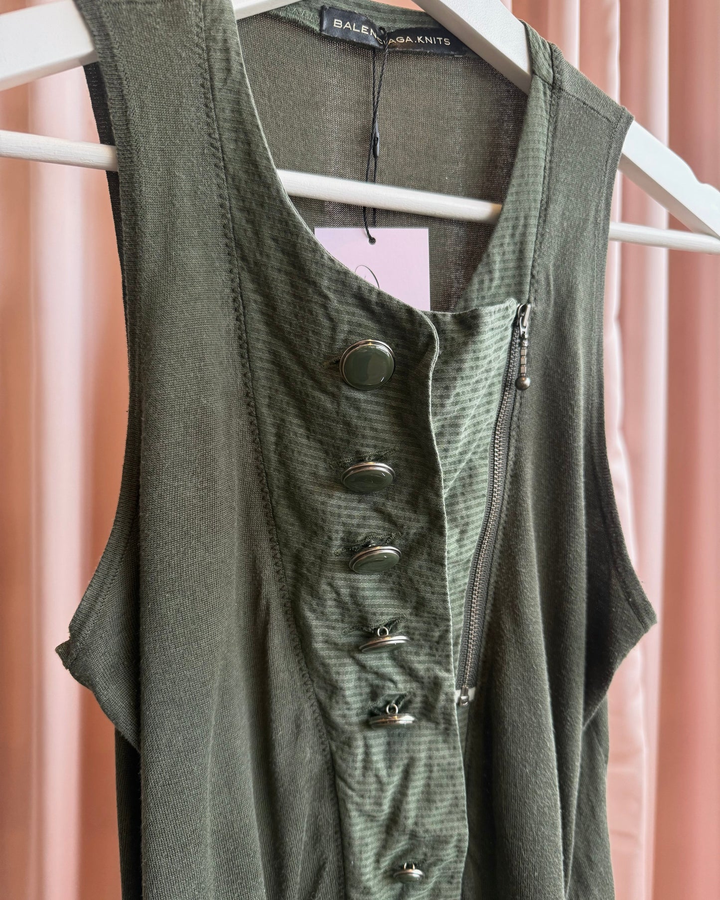 Balenciaga by Ghesquière 2007 Olive Green Silk Knit Buttoned Tank Top