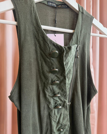 Balenciaga by Ghesquière 2007 Olive Green Silk Knit Buttoned Tank Top
