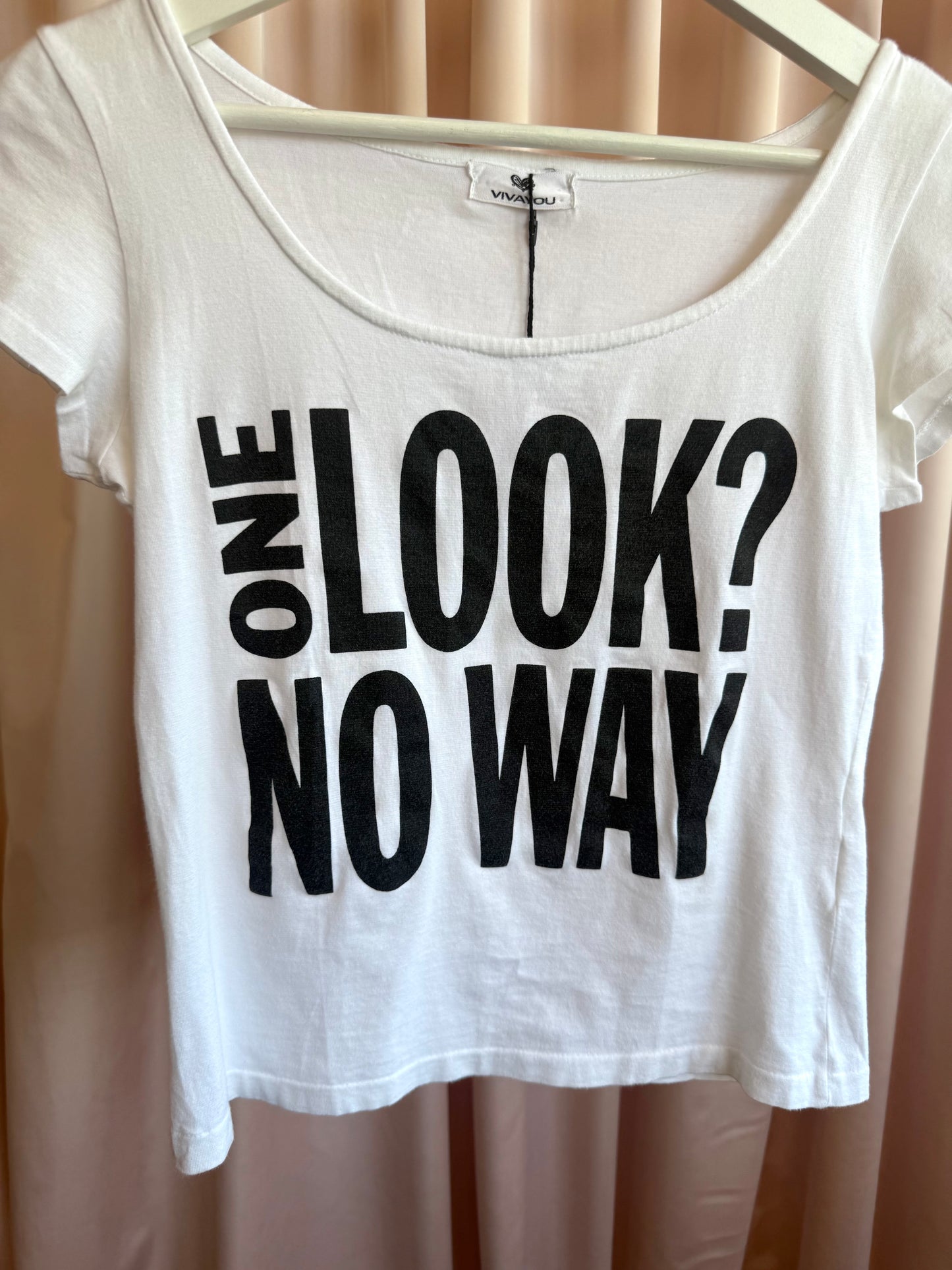 Japanese Brand "One Look? No Way" Black & White Text Graphic Top