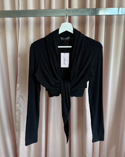 Italian Brand Cropped Black Long Sleeve Tie Top
