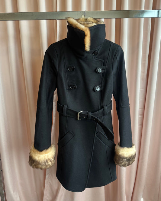 Patrizia Pepe Faux Fur Trim Double Breasted Black Wool Coat
