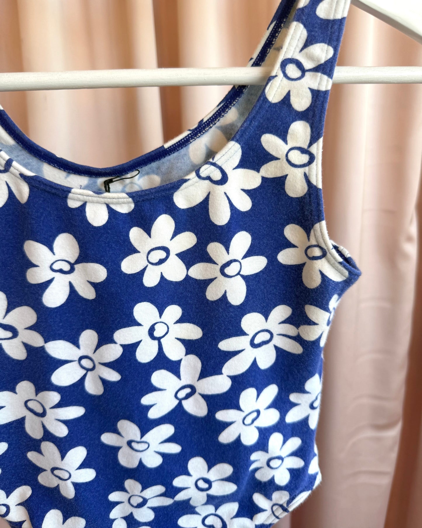 1990's Blue & White Floral Print High Cut Cotton Bodysuit