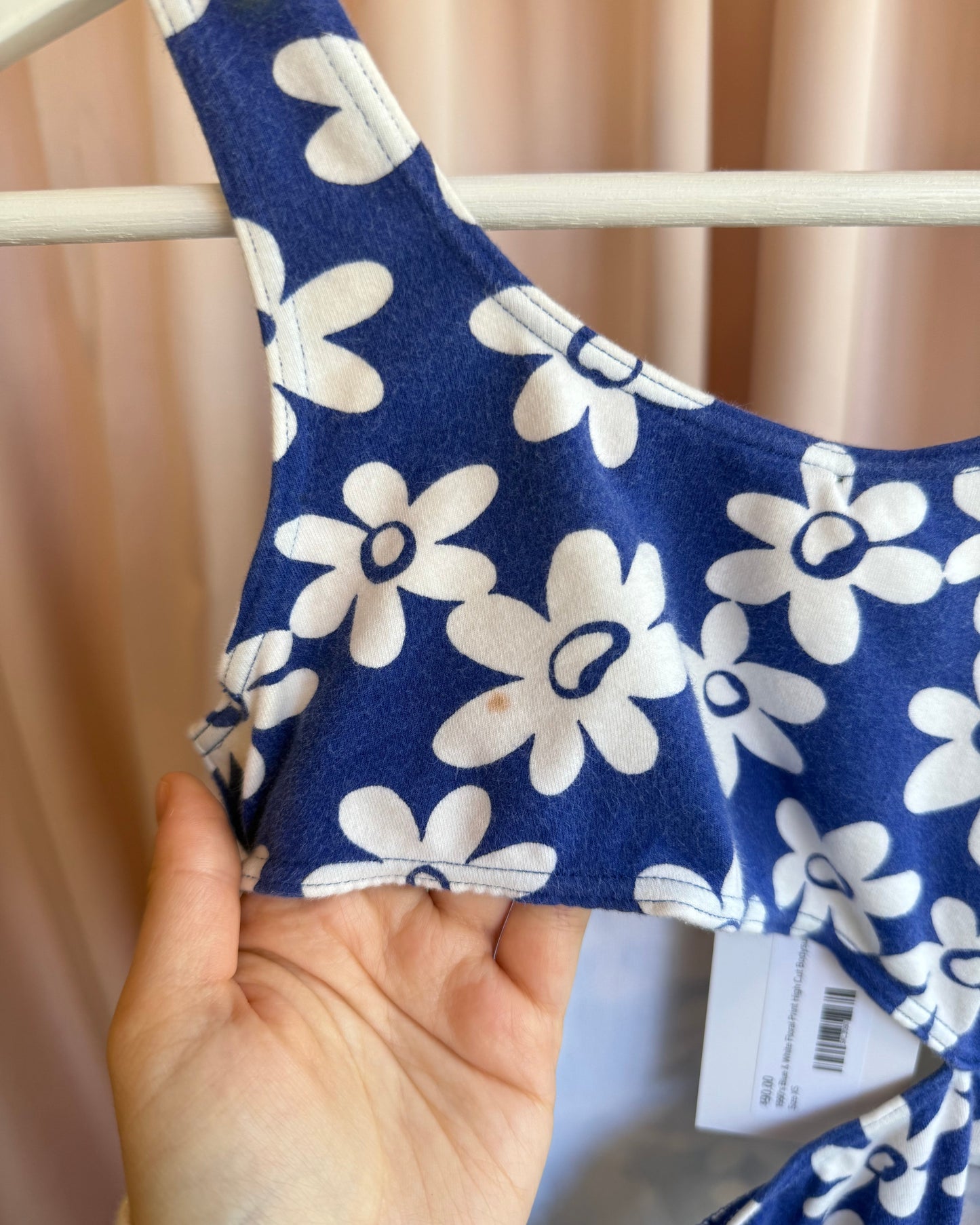 1990's Blue & White Floral Print High Cut Cotton Bodysuit