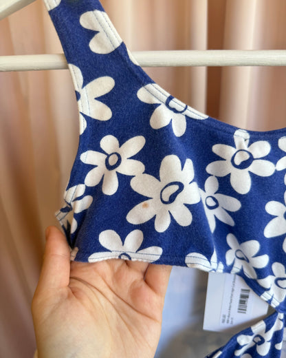 1990's Blue & White Floral Print High Cut Cotton Bodysuit