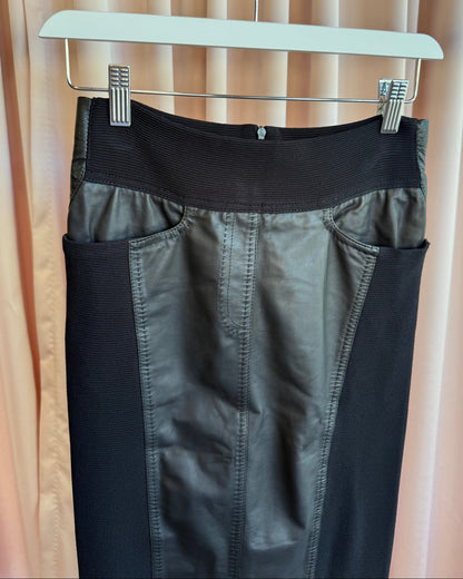 Italian Designer Black Leather Rib Knit Midi Skirt