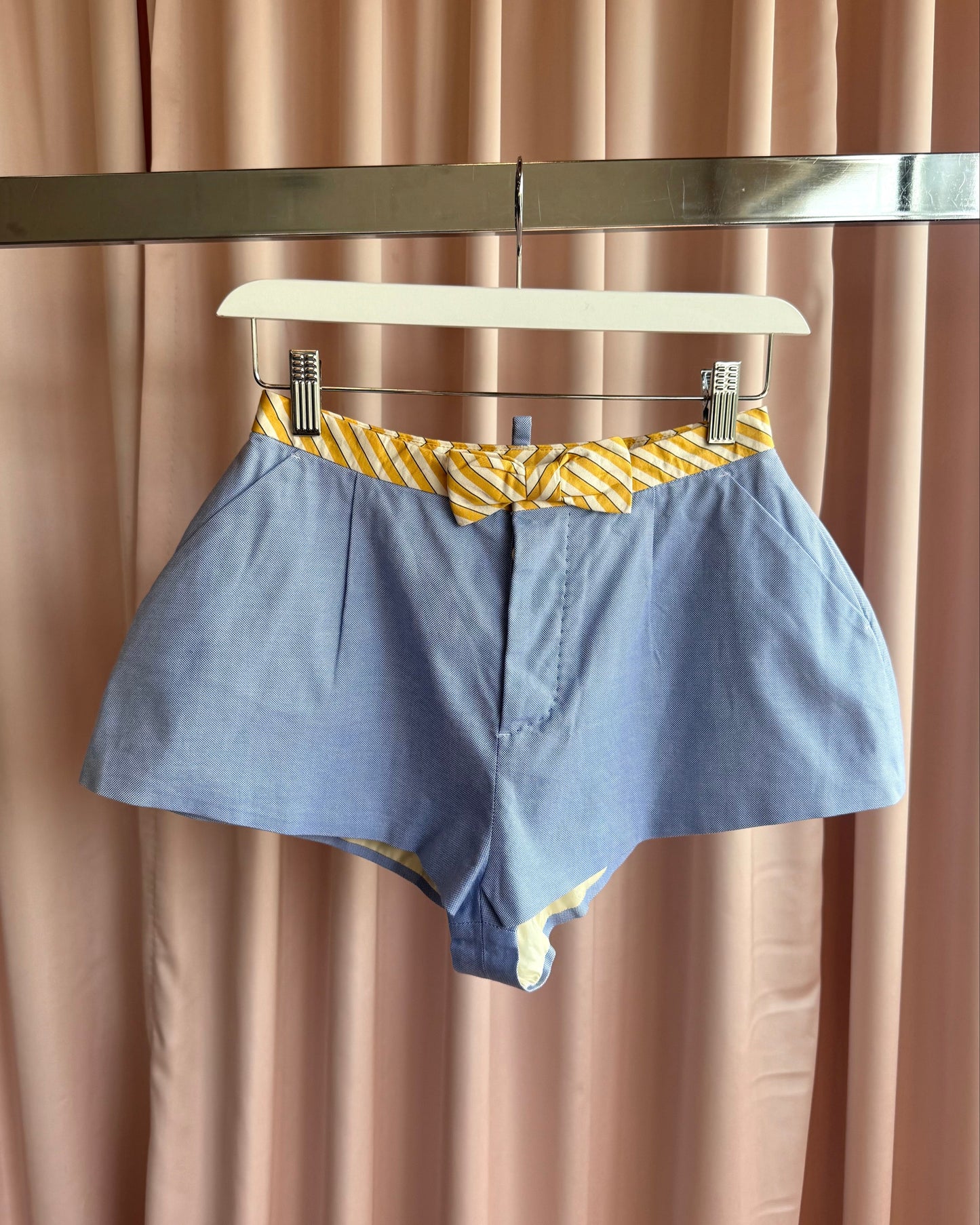 Dsquared² S/S 2007 Oxford Cloth Striped Yellow Bow Belt Mini Shorts