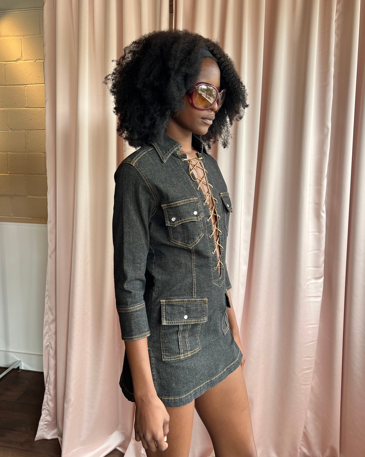 Japanese Brand Deadstock Lace Up Denim Mini Dress