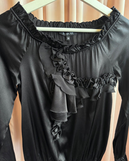 Patrizia Pepe Black Silk Asymmetric Ruffle Long Sleeve Blouse