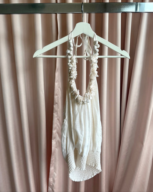 Bebe 100% Silk Embellished Cream Halter Top