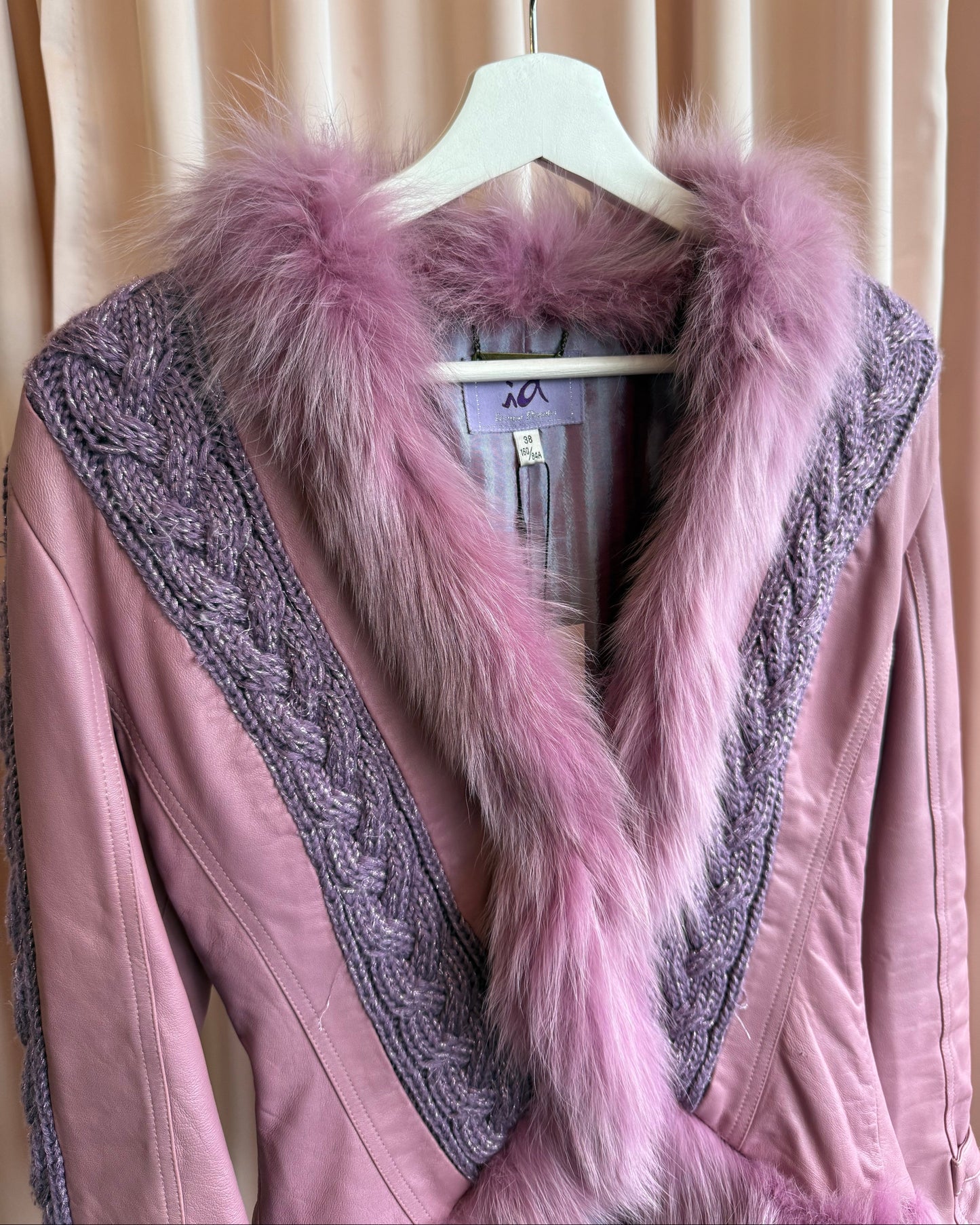 Purple Fox Fur Trim Cable Knit Panelled Sheepskin Leather Jacket