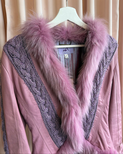 Purple Fox Fur Trim Cable Knit Panelled Sheepskin Leather Jacket