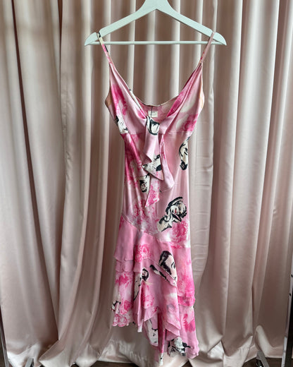 Jeff Gallano 100% Silk Pink Pin Up Print Bias Cut Dress *As Is*