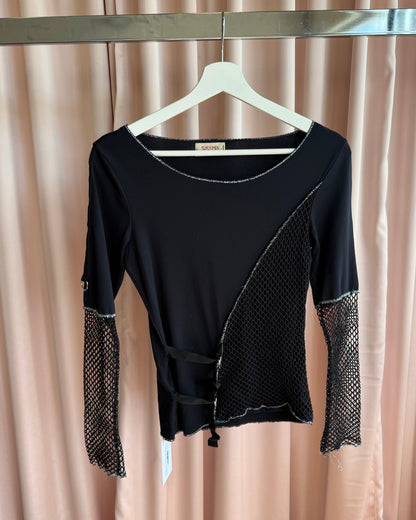 Italian Brand Black Fishnet Panel Long Sleeve Top